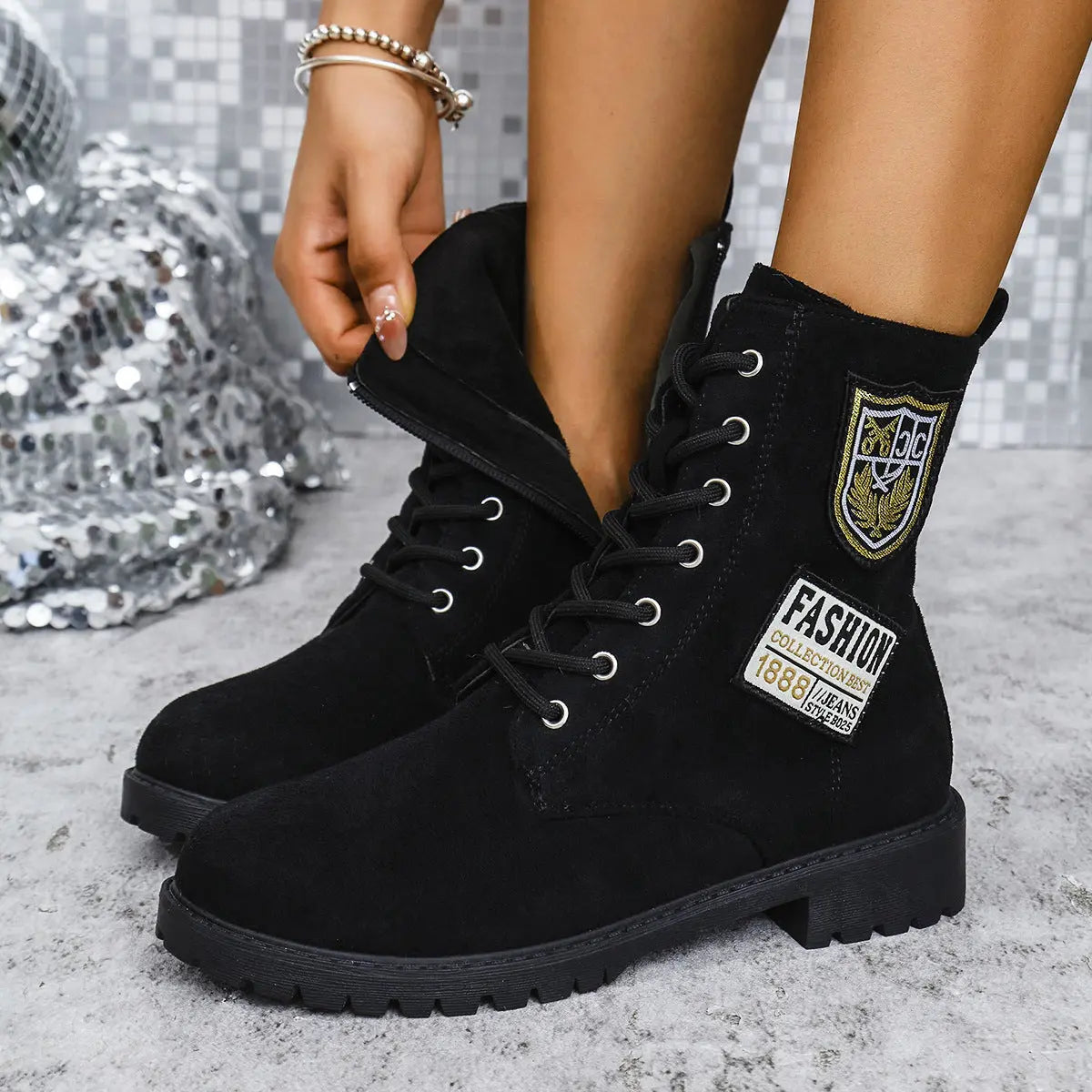 Fashion Lace-up Chunky Heels Boots Winter Round Toe Shoes For Women SMSB 66