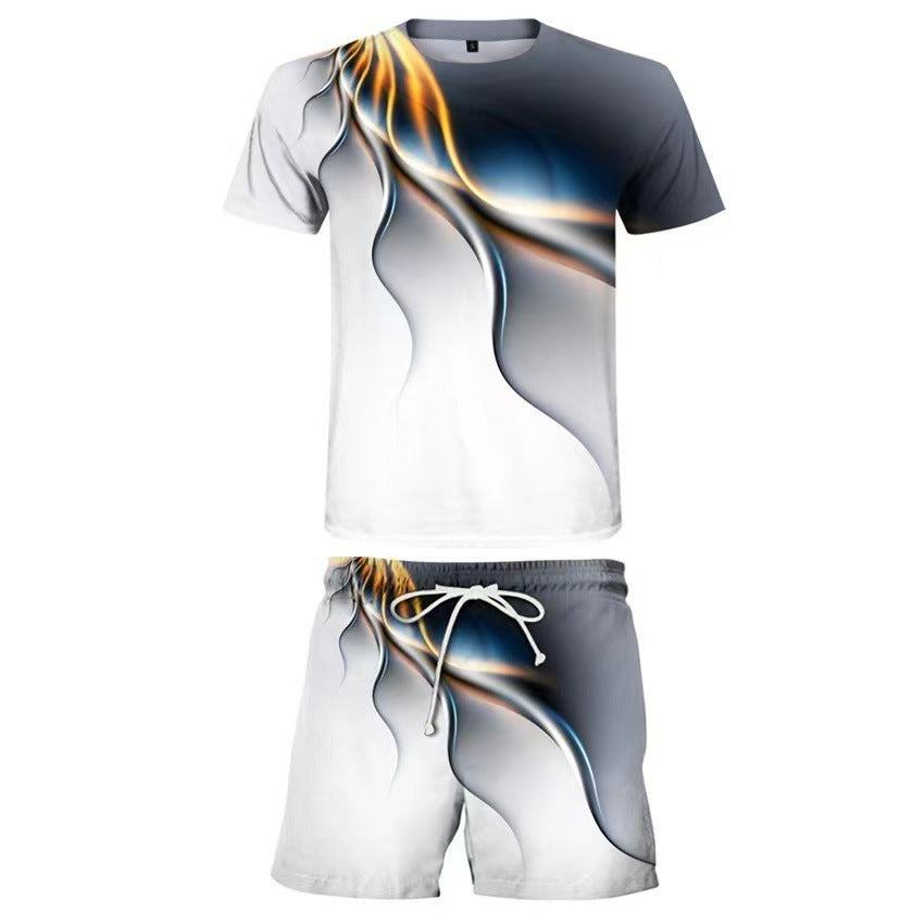 Men's casual T-shirt and shorts two-piece sportswear set with abstract print and polyester blend fabric