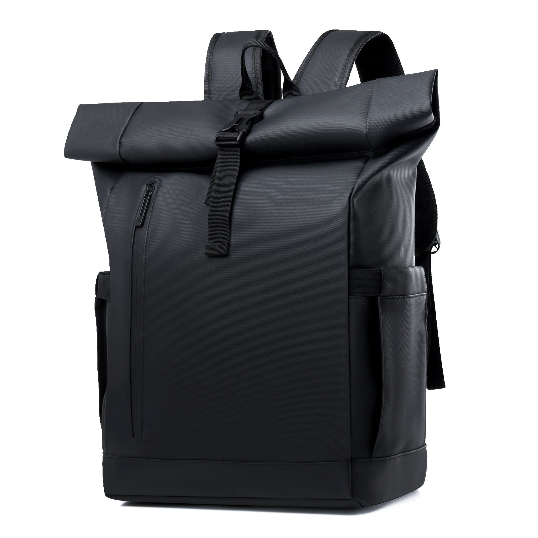 Black lightweight men's backpack with roll-top design and waterproof material for travel and casual use