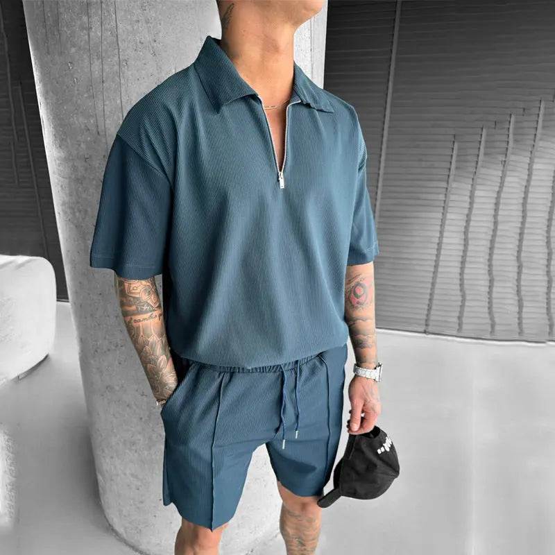 Men's summer fashion set with zipper polo and drawstring shorts in blue cotton blend