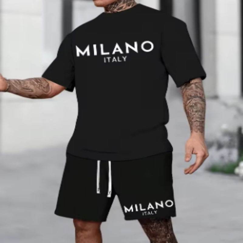 European and American style black round neck short sleeve suit with Milano Italy print