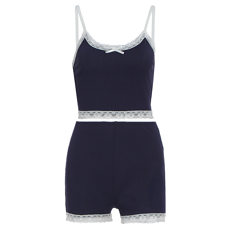 Strap lace top casual shorts set
