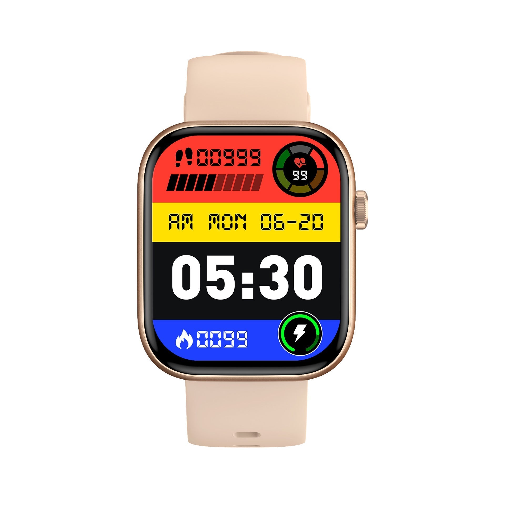 Smartwatch with full screen touch display showing time and fitness metrics, compatible with wireless charger