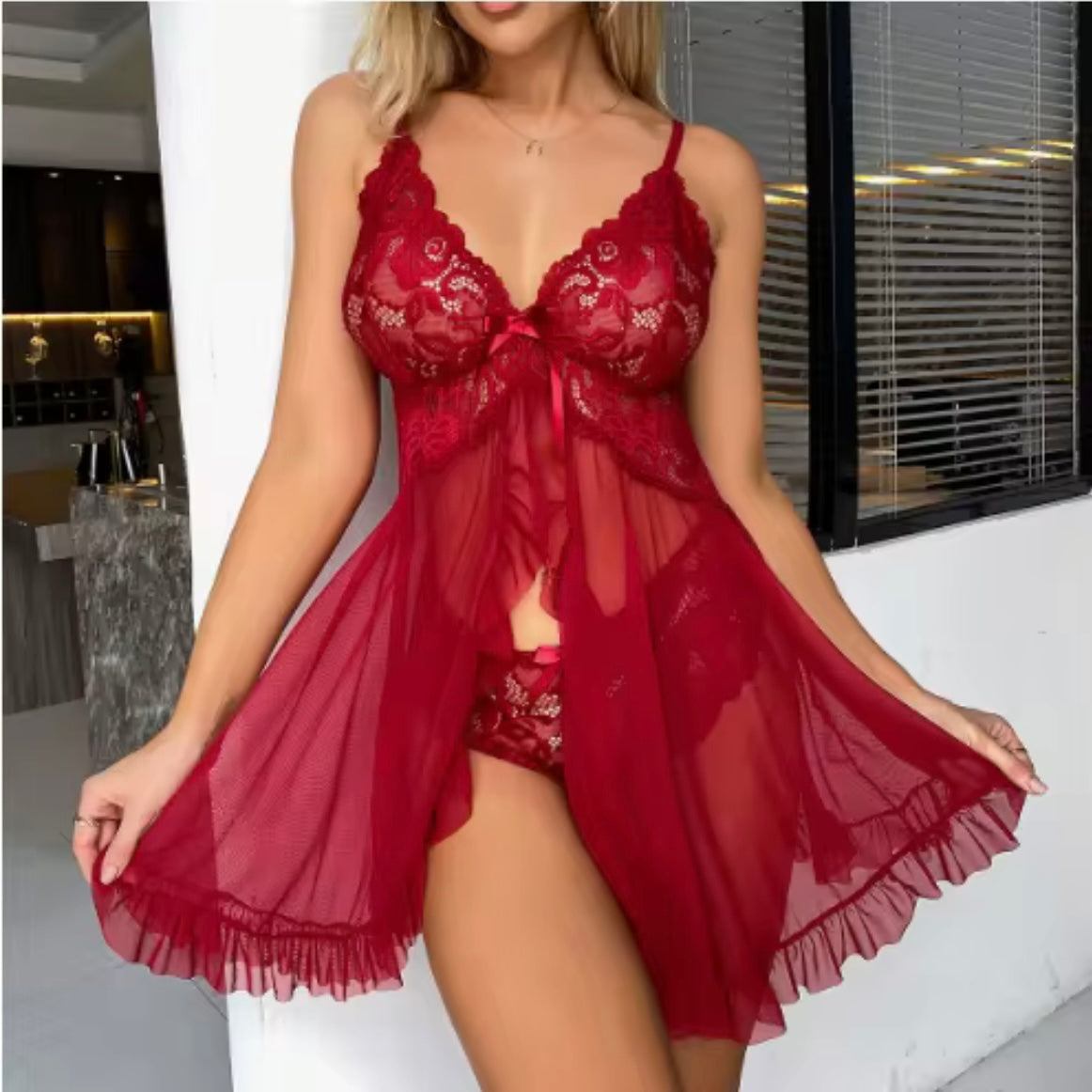 ensemble de lingerie multicolore en dentelle avec jarretelles et col en V féminin rouge