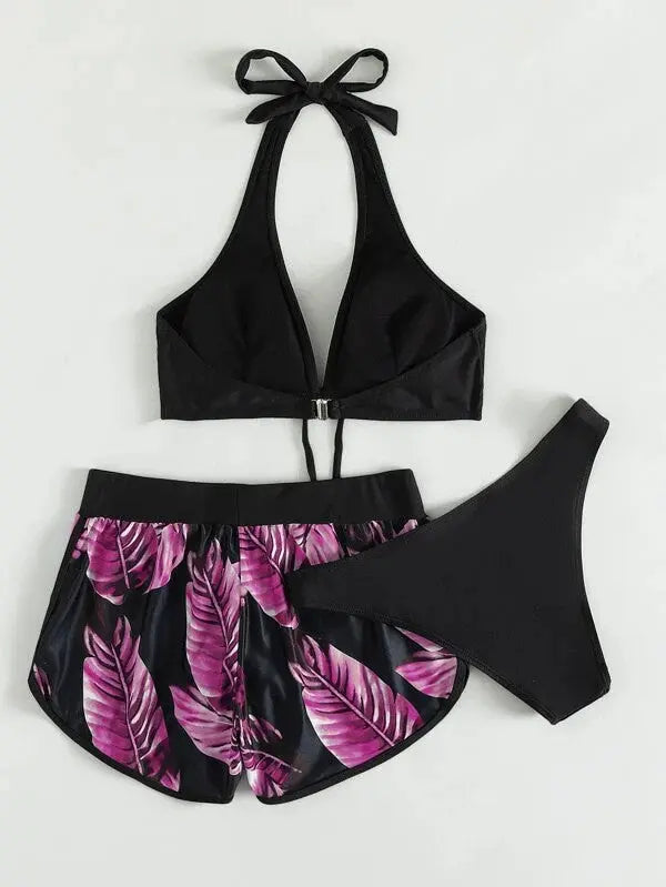 3pcs leaf print bikini set with black halter top, purple leaf print shorts, and black bikini bottom for women beachwear