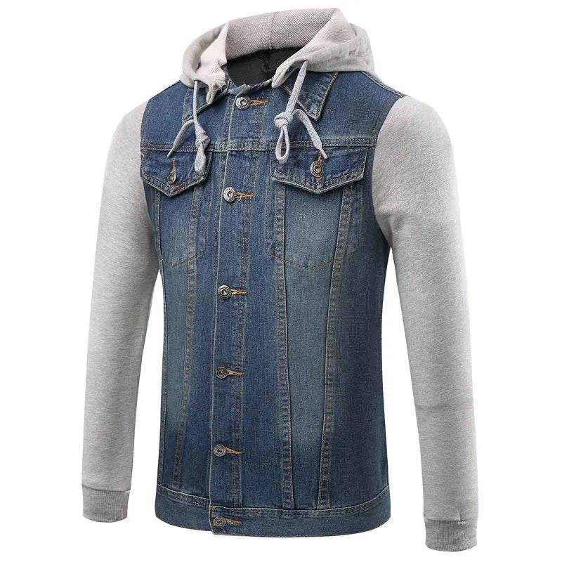 Casual Men's Korean Style Denim Jacket with Detachable Hood and Patchwork Design, Large Size Outerwear eprolo
