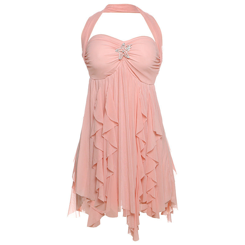 Pink halter neck backless dress with ruffled irregular mesh short skirt for summer party clubwear
