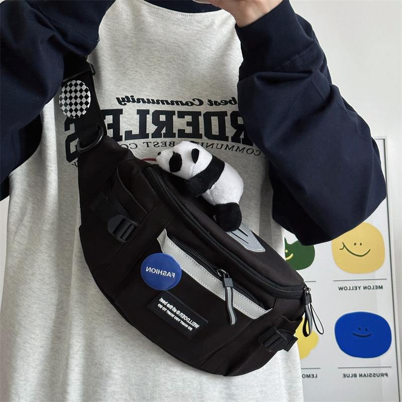 Men's sports chest bag in black with large capacity and soft Oxford cloth material, worn crossbody with decorative panda plush and badges