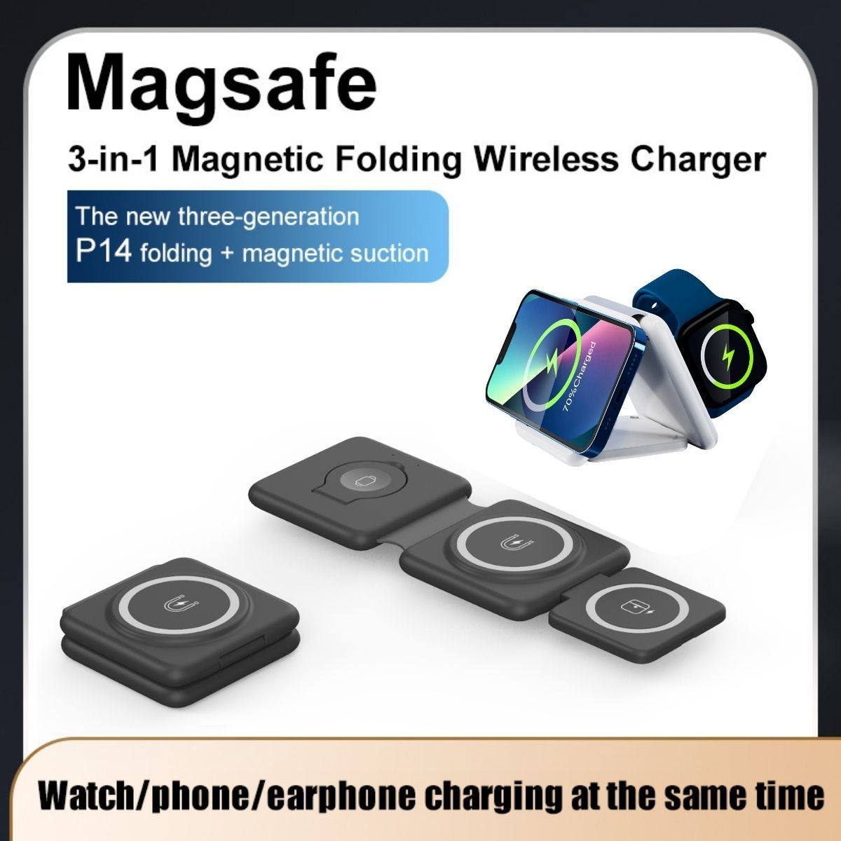 Folding Magnetic Suction 3-in-1 wireless charger for phone, watch, and earphones with folding design and magnetic suction.