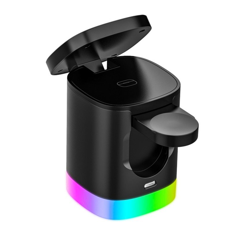 3 in 1 wireless charging station with magnetic fast charge and RGB ambient light for smartphones, AirPods, and iWatch