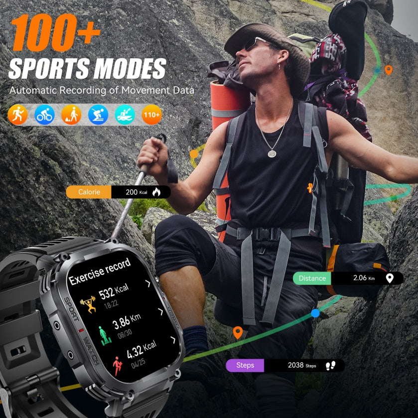 INEYES S320B Sport Modes smartwatch displaying exercise data with hiker in outdoor setting