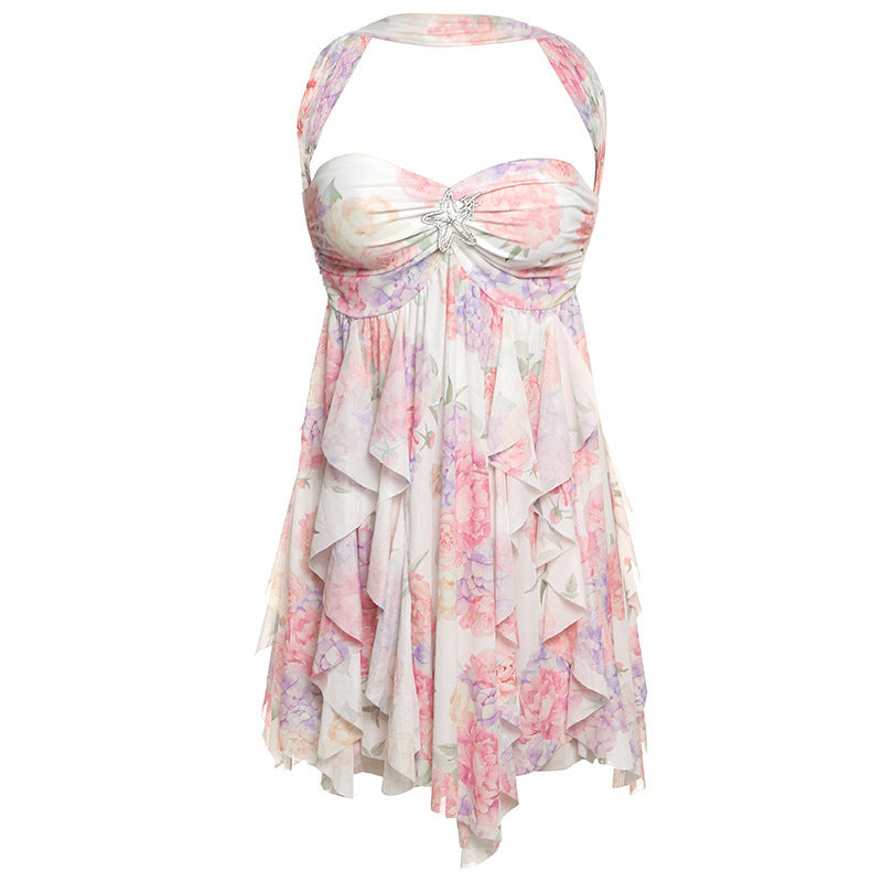 Floral halter neck backless summer dress with irregular mesh and short, ruffled skirt design