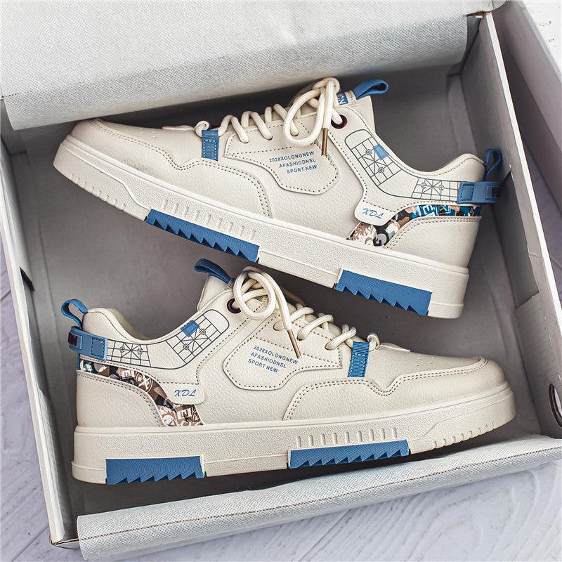 Men's fashion casual breathable sneakers with round toe, artificial PU upper, flat heel, and blue rubber sole in a low-top style