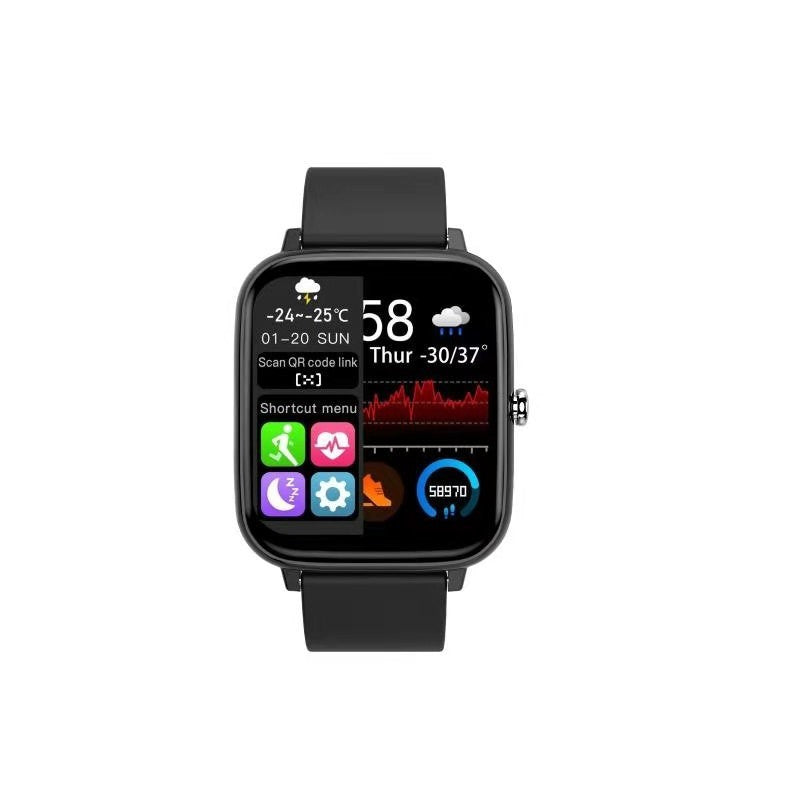 Black smartwatch with Bluetooth calling, full touch screen, and fitness tracking features