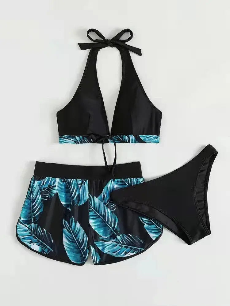 3pcs women's leaf print bikini set with shorts and black bottoms for summer beachwear