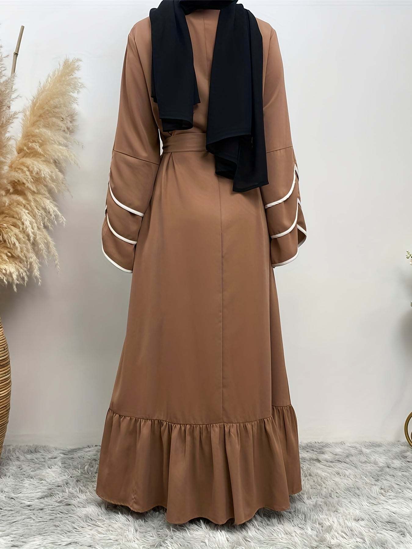 Solid Petal Sleeve Crew Neck Loose Modest Dress, Elegant Tie Waist Ruffled Hem Dress, Women's Clothing - SMSB 66