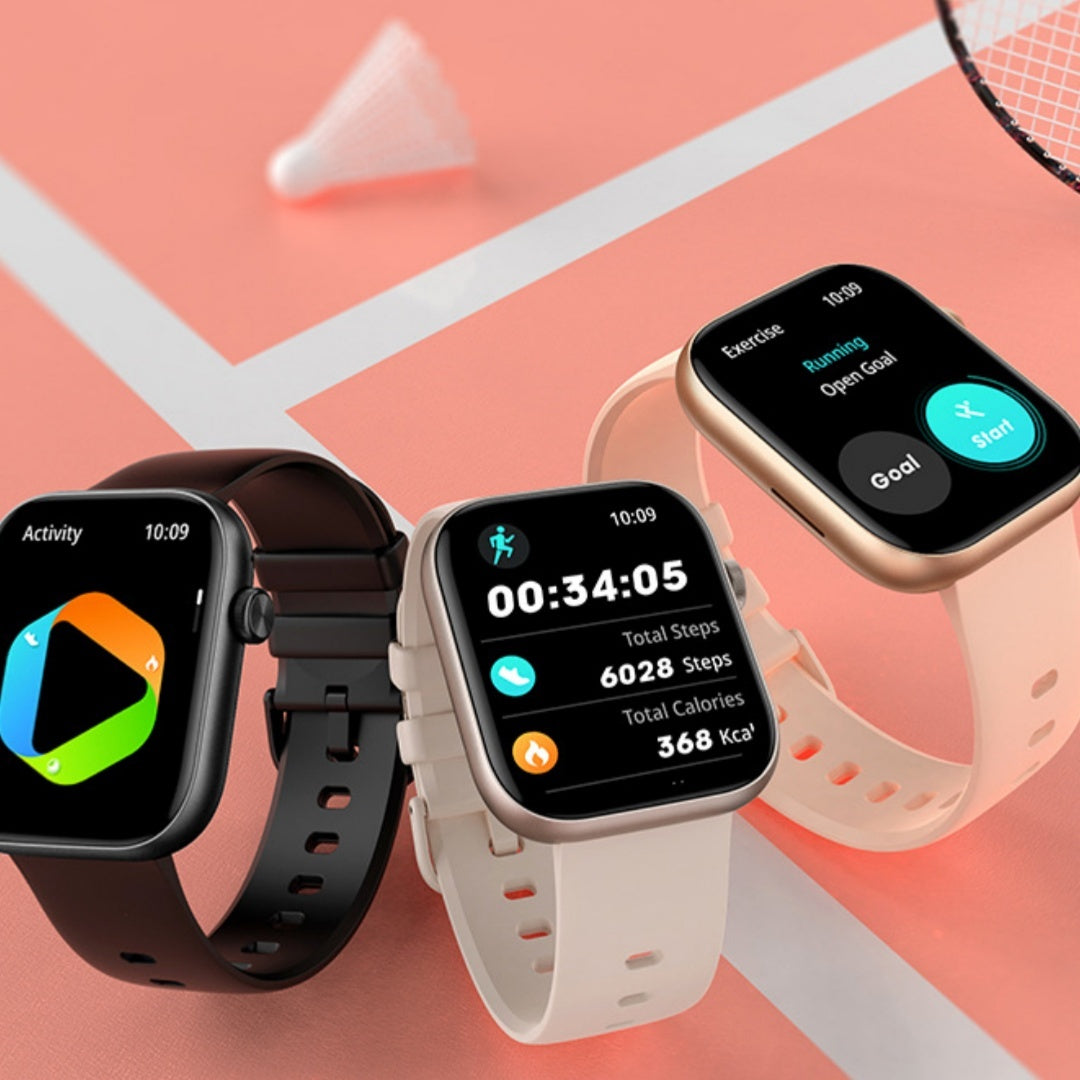 Wireless charger compatible P89 smartwatches with full screen touch display in black, white, and gold colors showing fitness and call functions