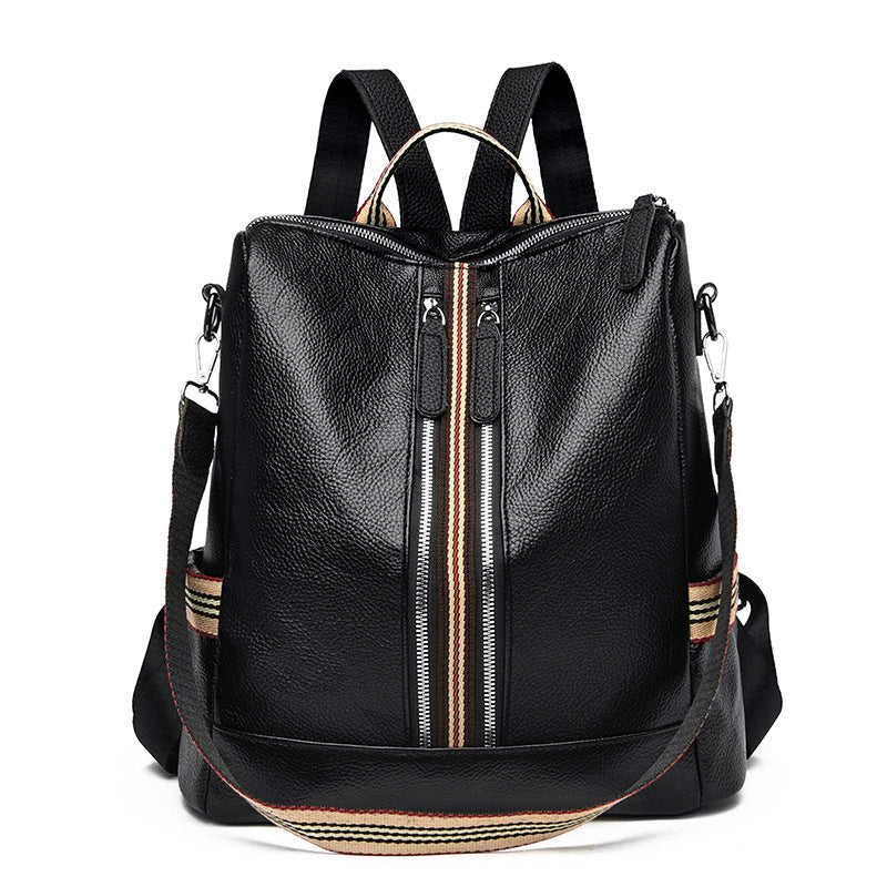 Fashionable black PU backpack with vertical square shape and striped zipper detail