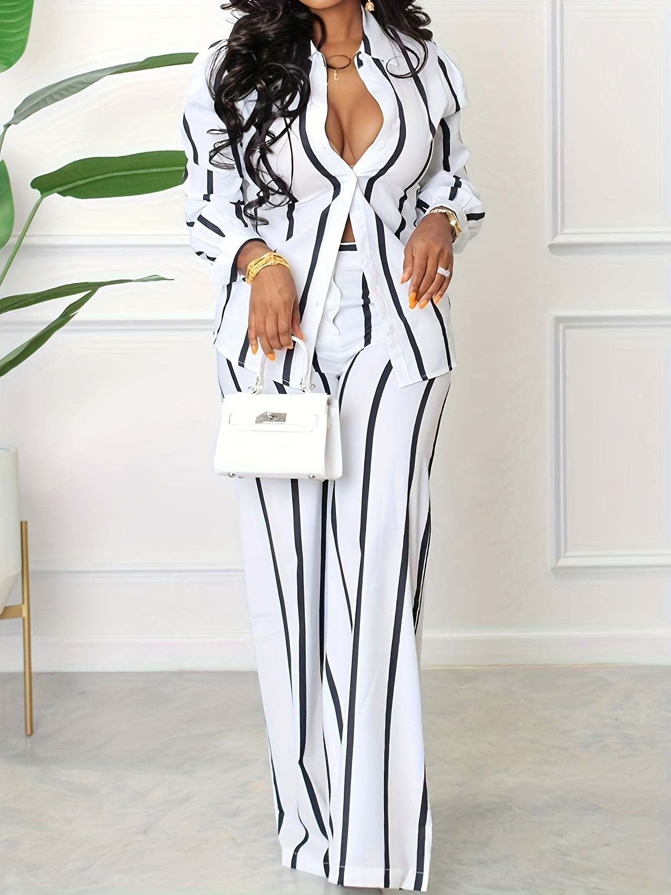 [Two-piece Set Long Sleeve Shirt] Striped Print Two-piece Set, Button Front Collar Long Sleeve Shirt & High Waist Wide Leg Loose Pants Set, Women's Clothing - SMSB 66