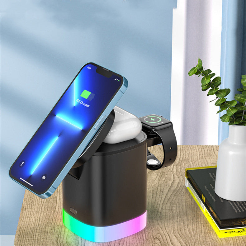3 in 1 wireless charging station with RGB ambient light for smartphone, AirPods, and iWatch charging