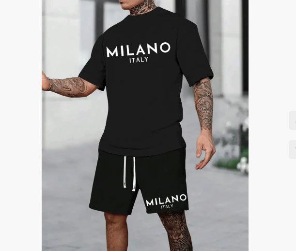European and American style black short sleeve pullover suit with Milano print