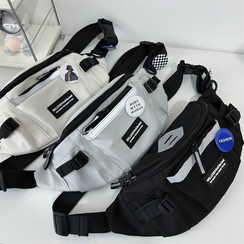 Men's sports chest bag in white, gray, and black with large capacity and soft Oxford cloth material