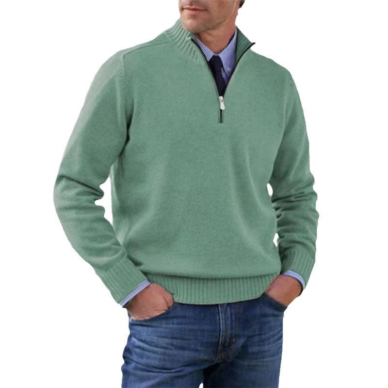 Men's Stand Collar Zipper Sweater Winter Fashion Solid Color Long Sleeve Knitted Top Clothing - SMSB 66