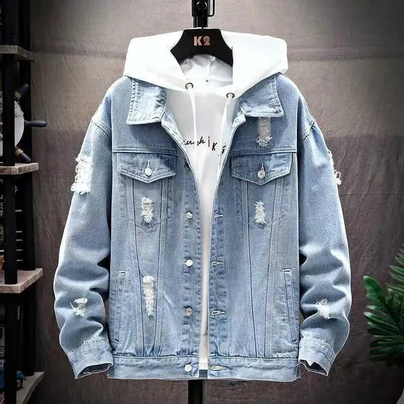 Spring and Autumn Fashion Casual Korean-Style Ripped Men's Denim Jacket, Washed Solid Color Denim Coat eprolo