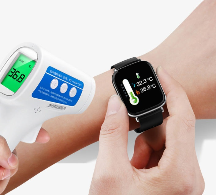 Full touch screen Bluetooth watch displaying body temperature and health monitoring on wrist