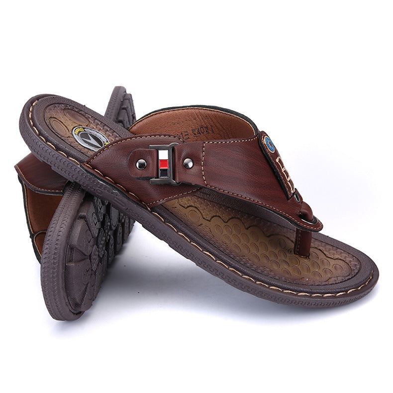 Brown casual summer flip flops with PU vamp and rubber sole for young adults