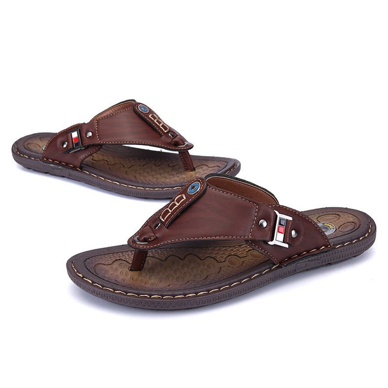 Brown casual summer flip flops with PU vamp and rubber sole for young adults