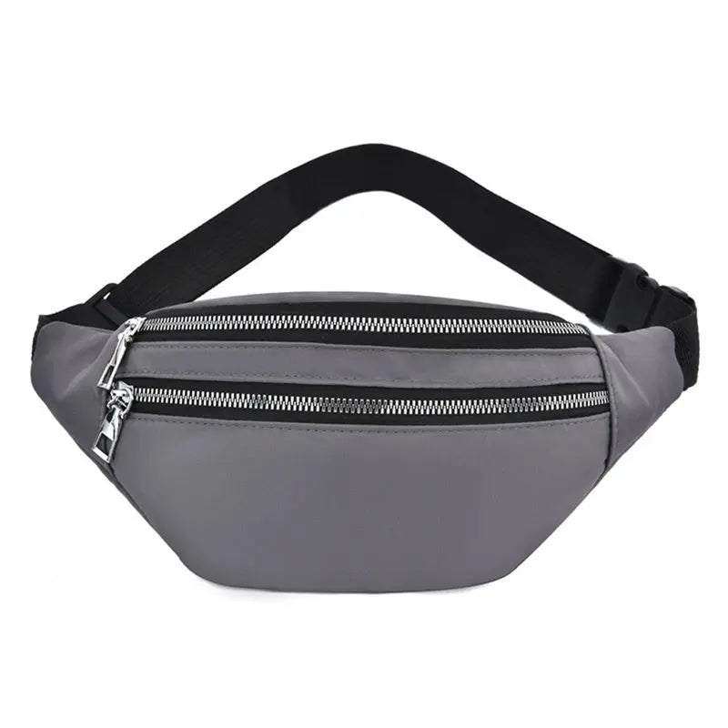 Gray Oxford cloth running sports waist bag with dual zippers and adjustable black strap
