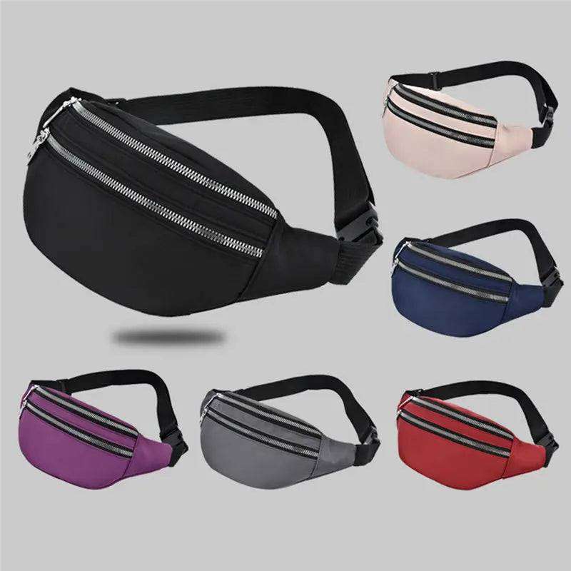 Running sports waist bags in black, pink, blue, purple, gray, and red with dual zippers and adjustable straps for women