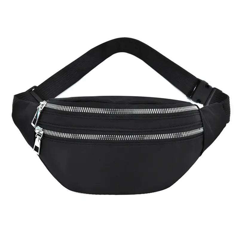 Black running sports waist bag with dual zipper pockets and adjustable strap