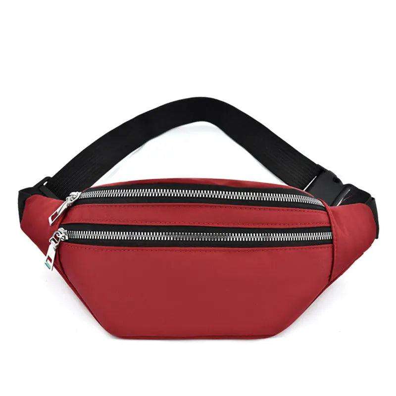 Red Oxford cloth running sports waist bag with dual zippered compartments and adjustable black strap for women