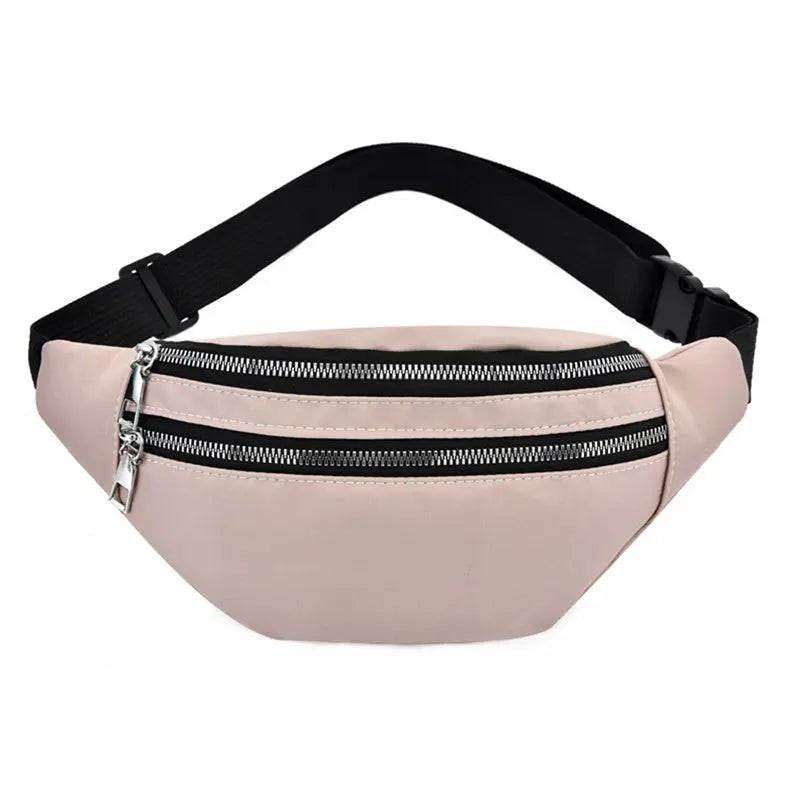 Women's light pink running sports waist bag with double zipper and adjustable black strap