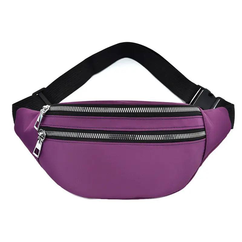 Purple Running Sports Waist Bag for women with double zipper and adjustable black strap