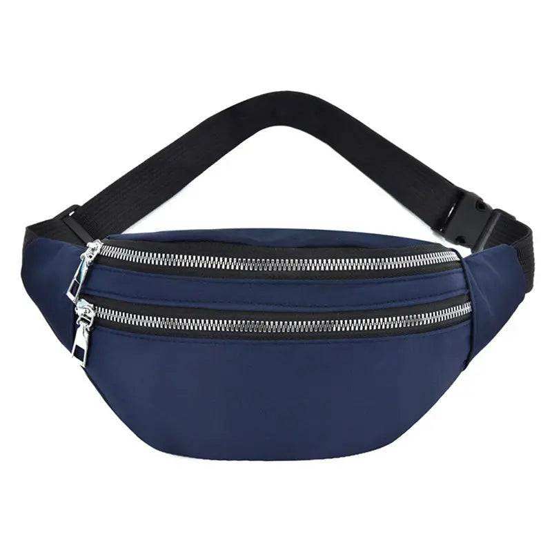 Blue running sports waist bag with dual zipper pockets and adjustable black strap