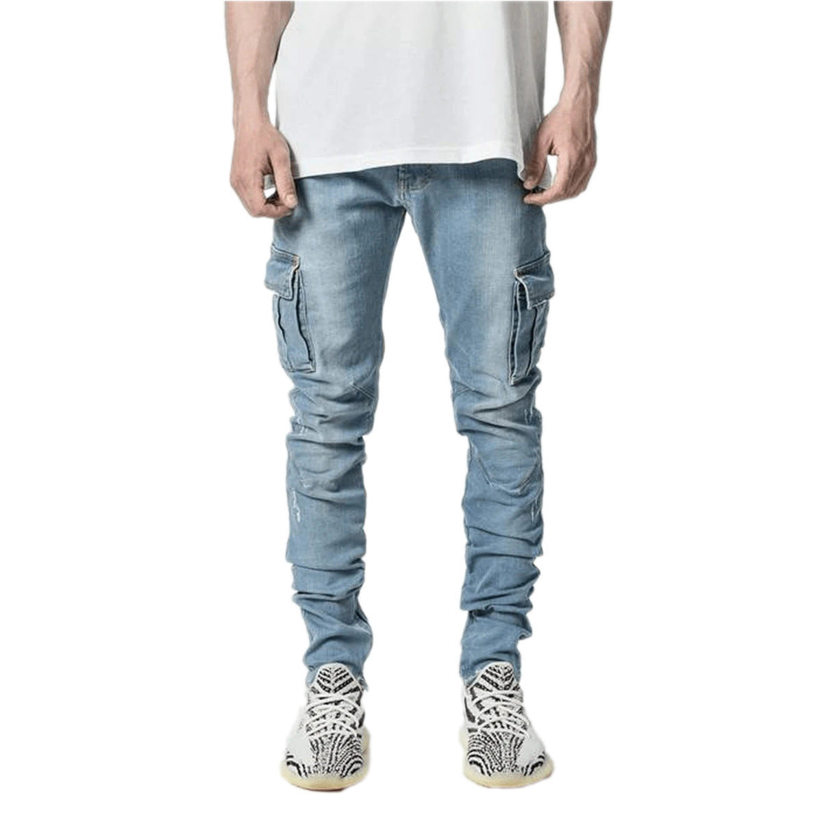 Light blue men's multi-pocket tooling jeans in denim with zipper placket and middle waist design