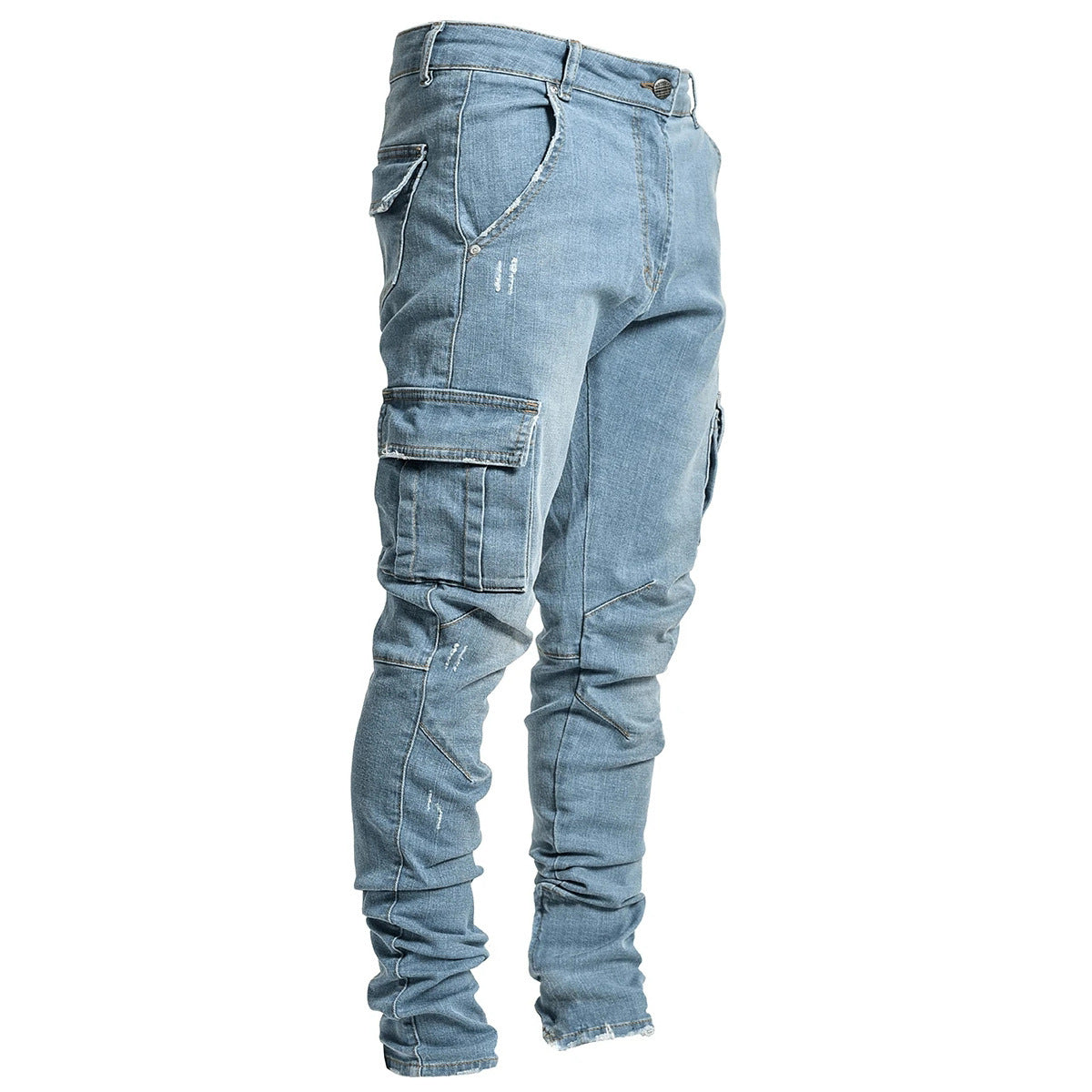 Light blue men's multi-pocket tooling jeans in denim with zipper placket and middle waist design