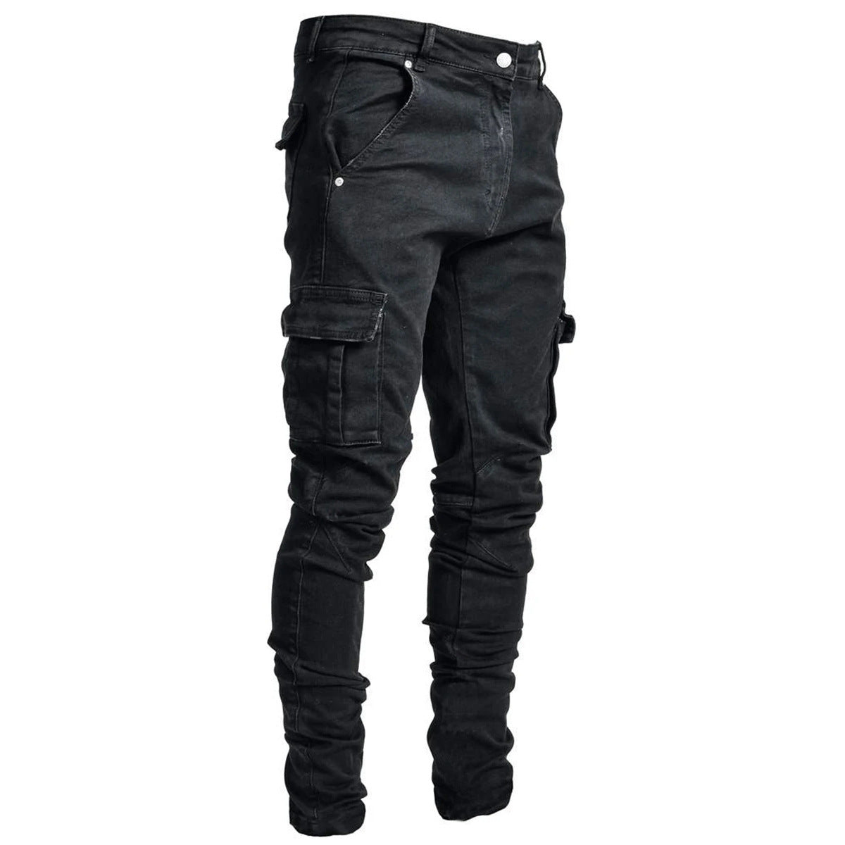 Black men's multi-pocket tooling jeans made of 90% cotton denim with zipper placket and middle waist design
