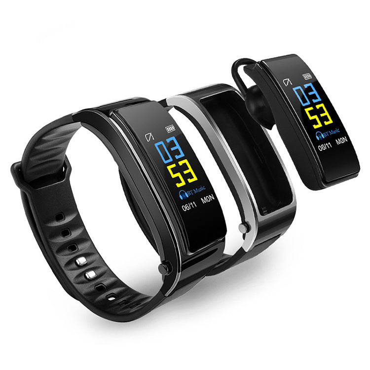 Smart Bracelet Bluetooth with detachable Bluetooth headset showing heart rate and blood pressure monitor display