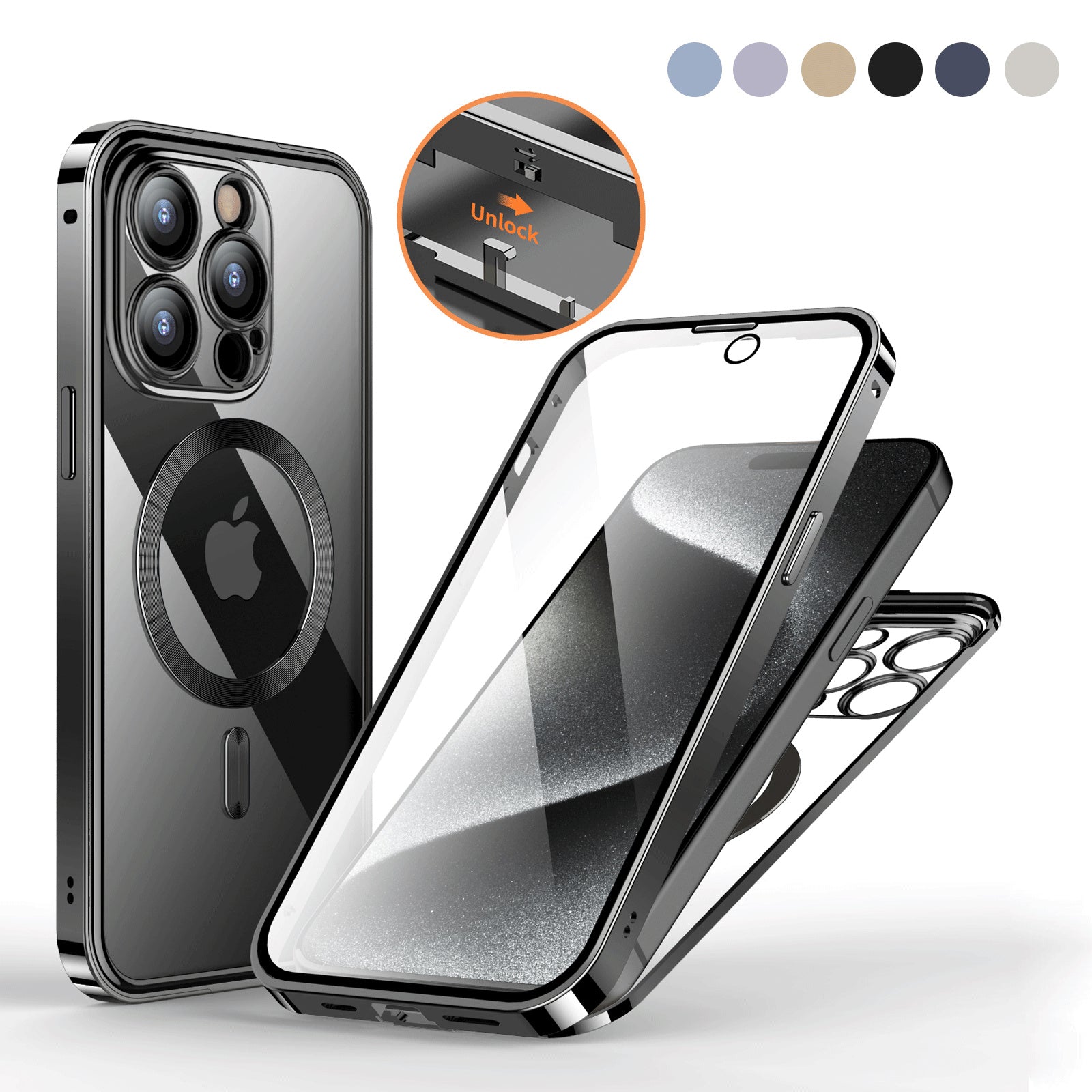 Anti-Privacy Metal Buckle magnetic wireless charging phone case with double-sided lens and full cover protection for iPhone models