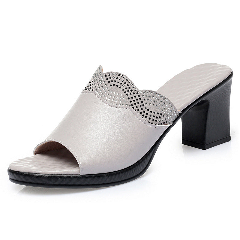 Summer Women's Outdoor Leather Mid-Heel Chunky Heel Comfortable Anti-Slip Soft Sole Large Size Sandals - SMSB 66