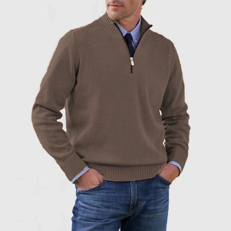 Men's Stand Collar Zipper Sweater Winter Fashion Solid Color Long Sleeve Knitted Top Clothing - SMSB 66