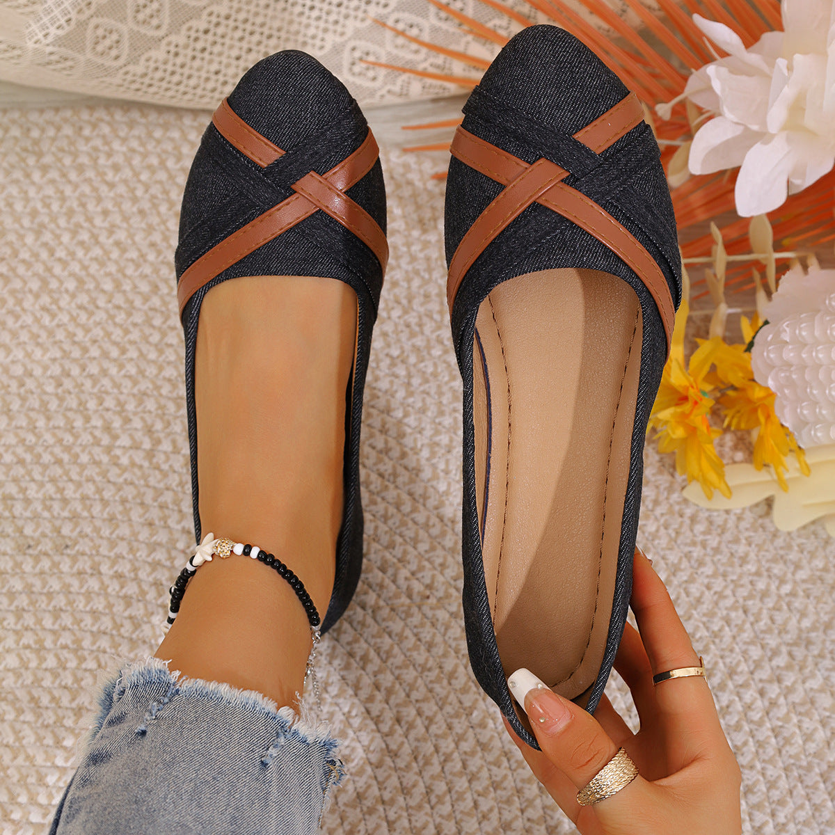 Ins Cross-straped Denim Loafers Fashion Lightweight Comfortable Flats Shoes For Women - SMSB 66