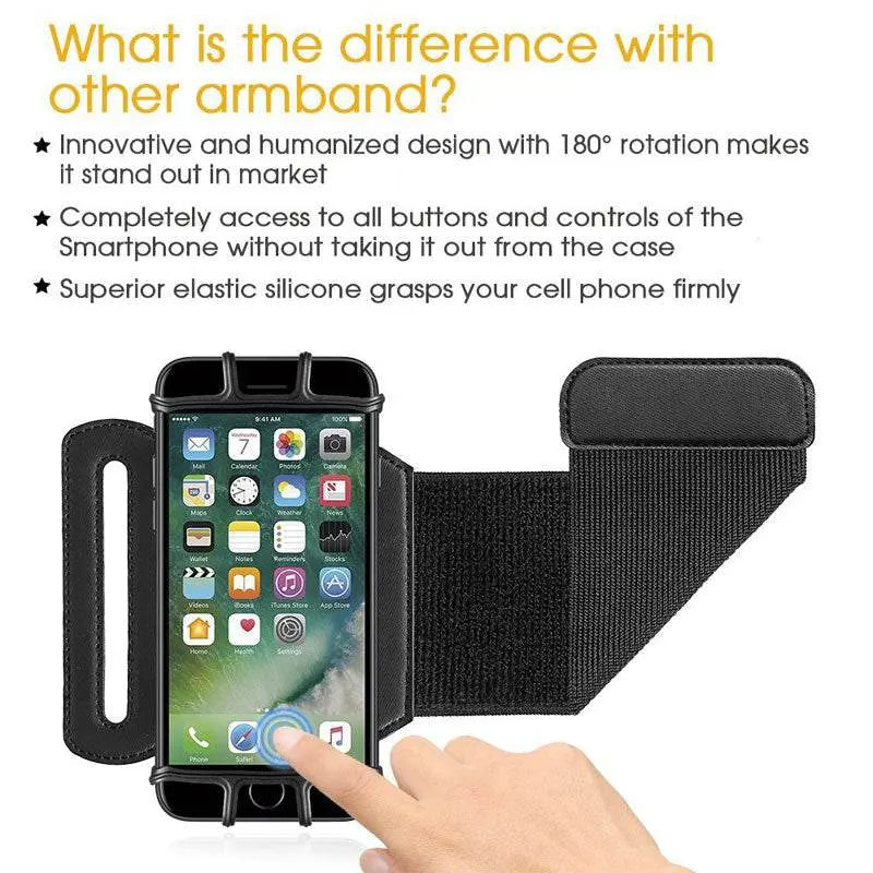 180 degree rotatable phone case running wristband armband with touchscreen access and elastic silicone grip