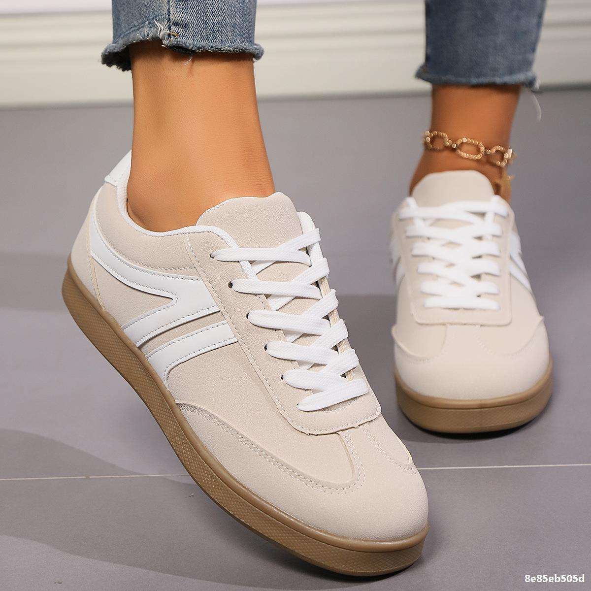 Women's lace-up round toe flats shoes in beige and white with casual sporty design and rubber sole