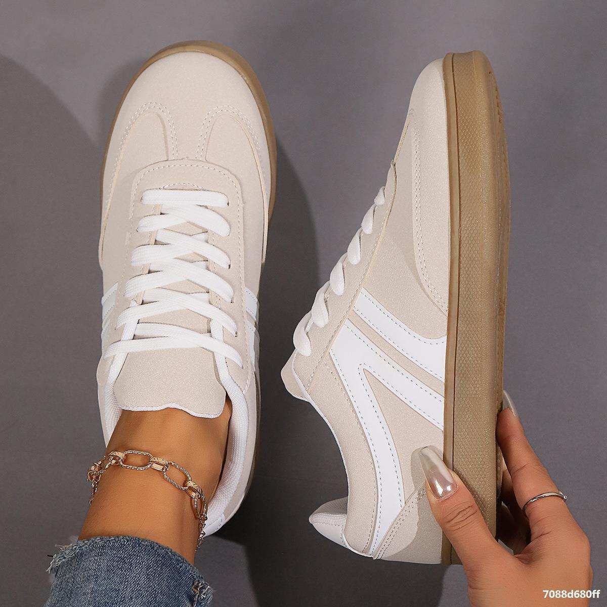 Beige lace-up round toe flats shoes with white accents for women casual sports slip-on style