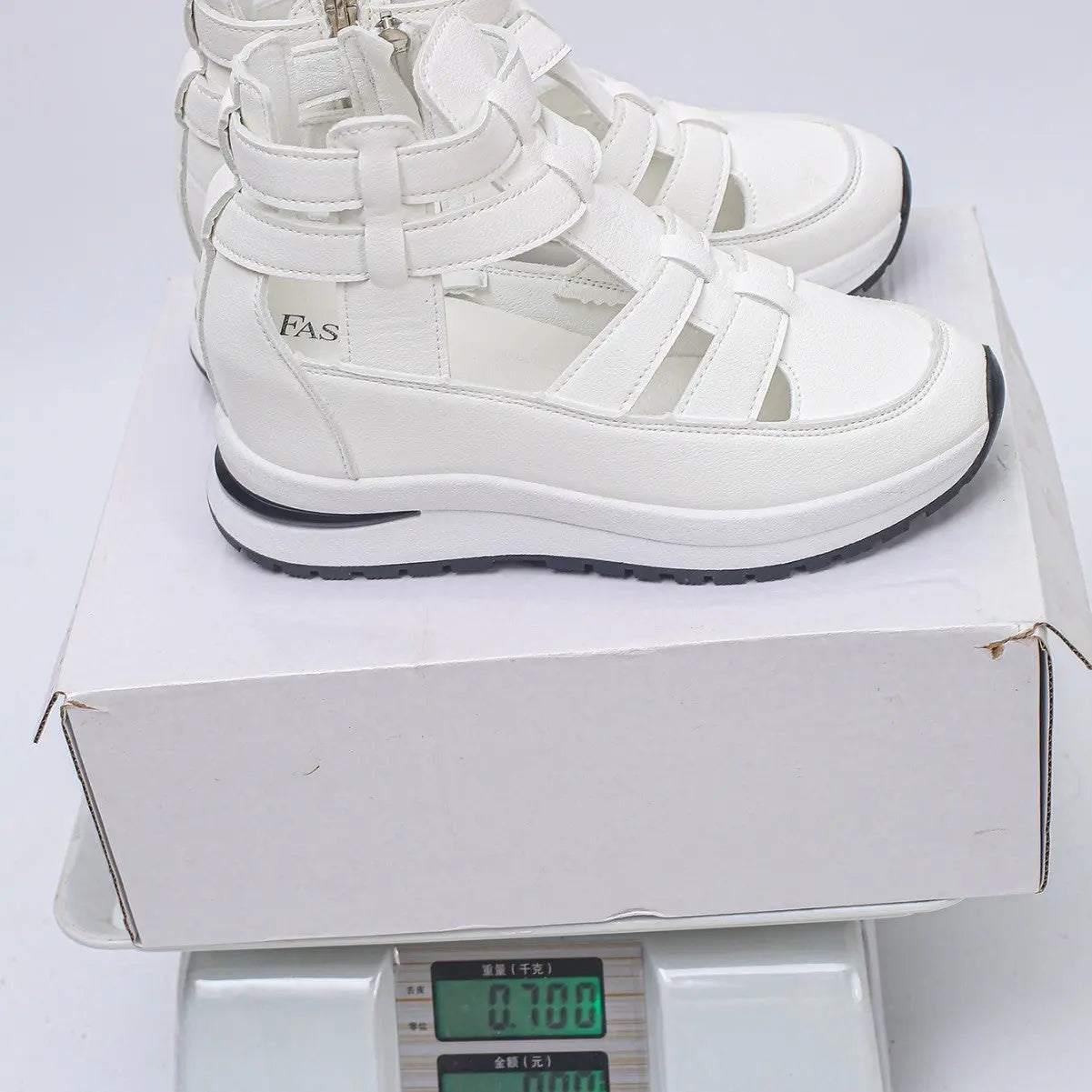 White women's close-toed hollow-out platform sandals with velcro straps on a white box